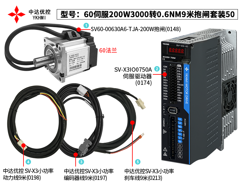 60伺服200W3000转0.6NM9米抱闸套装50(0174)